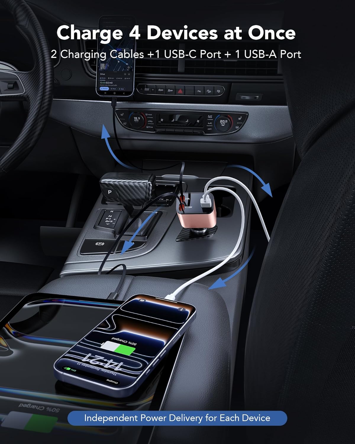 69W Retractable Car Charger, 4-in-1 Fast Car Phone Charger with 2.6ft Two Retractable Cables and USB C+USB A Car Charging Block Cube, Compatible with iPhone 14 15 16 17 Pro Max Plus,Galaxy,Pixel(Pink)
