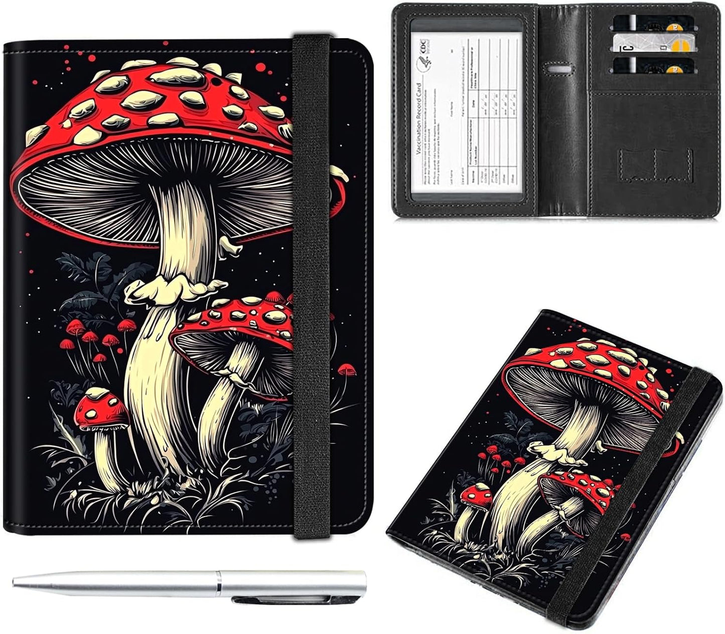 Passport and Vaccine Card Holder Cover Combo,Travel Passport Holder Wallet with RFID Blocking, Leather Vaccine Card Slot Passport Cover Case for Women & Men,Vintage Red Mushrooms