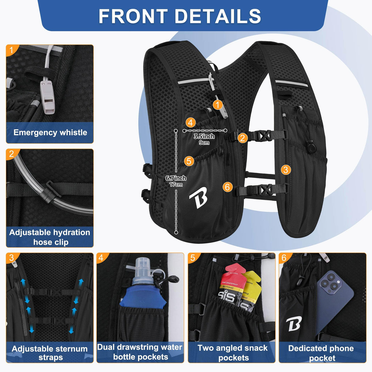 BECOJADDE Running Vest Hydration Backpack with Two 500ML Soft Water Bottles for Men Women, 5L