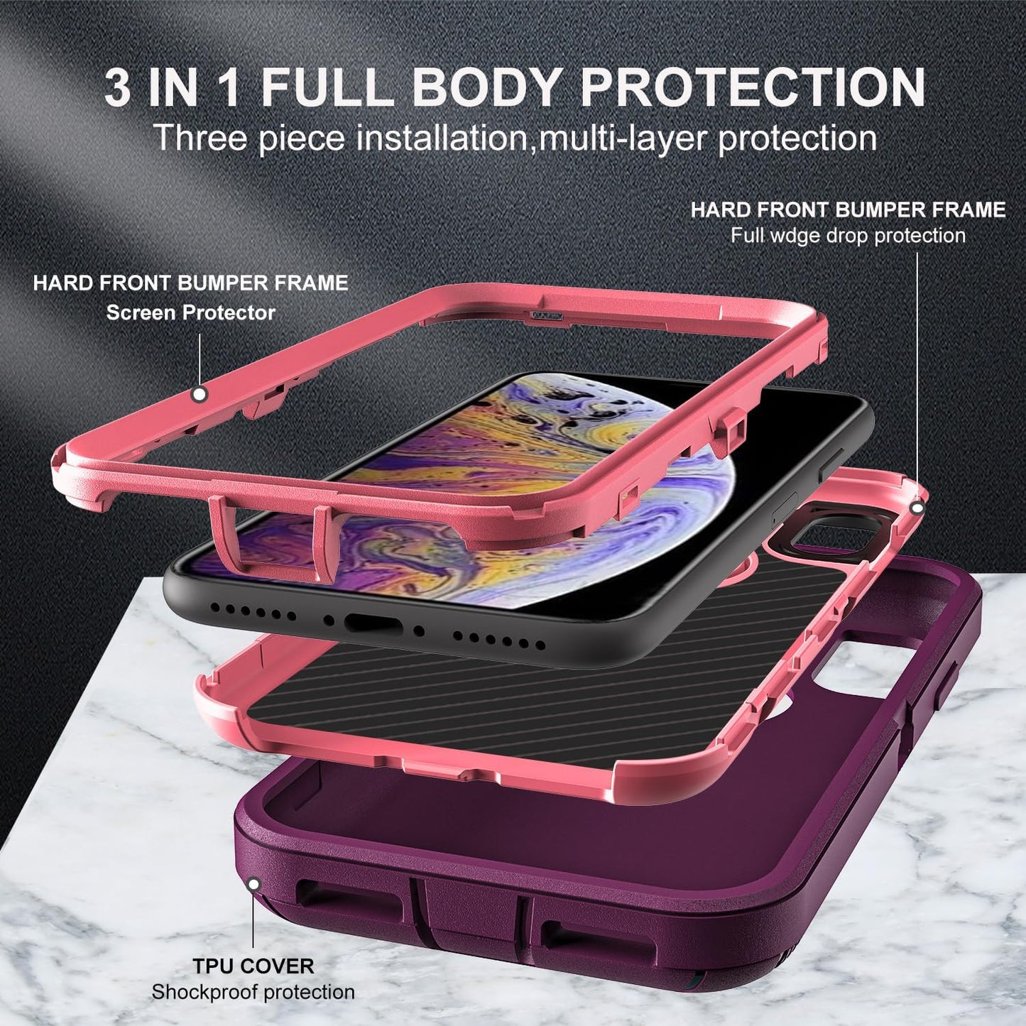 for iPhone Xs Max Case, Military Grade 3 in 1 Heavy Duty Shockproof/Drop Proof/Dust Proof Case with 2Pcs Tempered Glass Screen Protector (Purple/Pink)