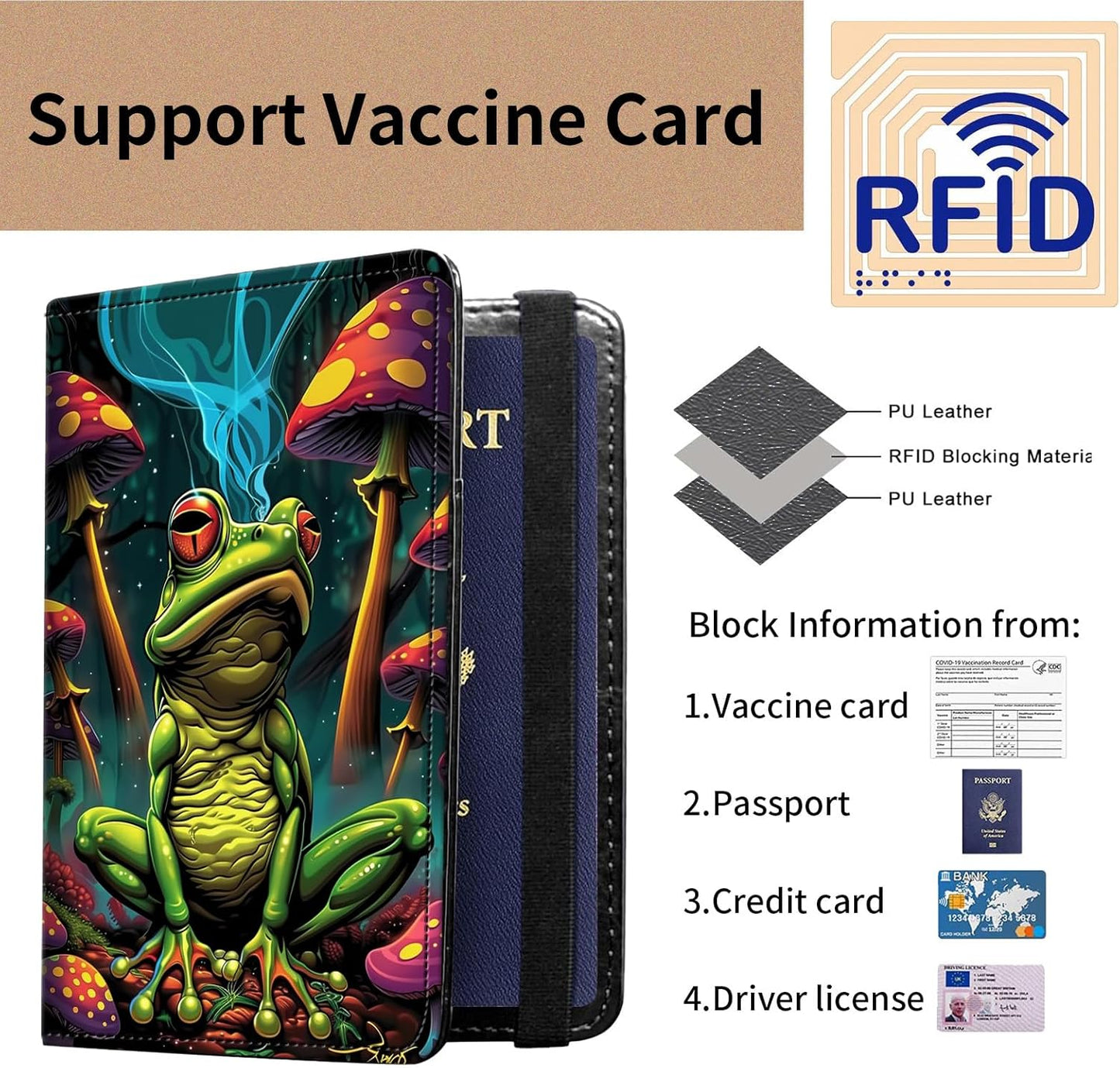 Passport and Vaccine Card Holder Cover Combo,Travel Passport Holder Wallet with RFID Blocking, Leather Vaccine Card Slot Passport Cover Case for Women & Men,Green Frog and Mushroom