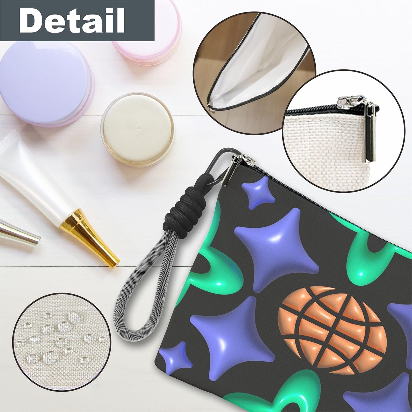 Make Up Bag, Cosmetic Bag With Hand Strap- Futuristic Stars & Clove - Lined Toiletry Bag For Woman - Travel Pouch, Organizer With Zipper, Woman Essentials & Accessories - A02