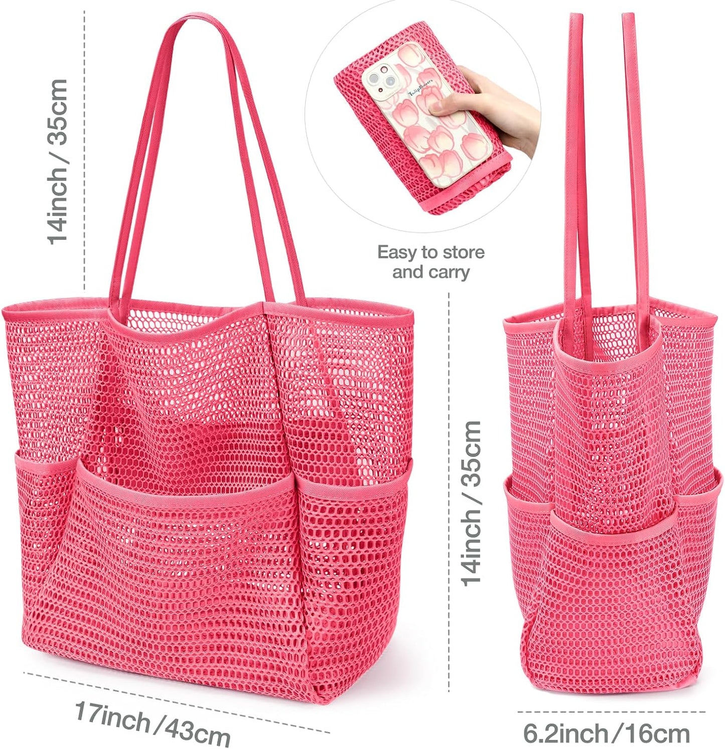 KPX Beach Bag with Mini Pocket, Beach Tote Bags for Women Large Foldable Mesh Swimming Pool Travel Bags - Sandproof
