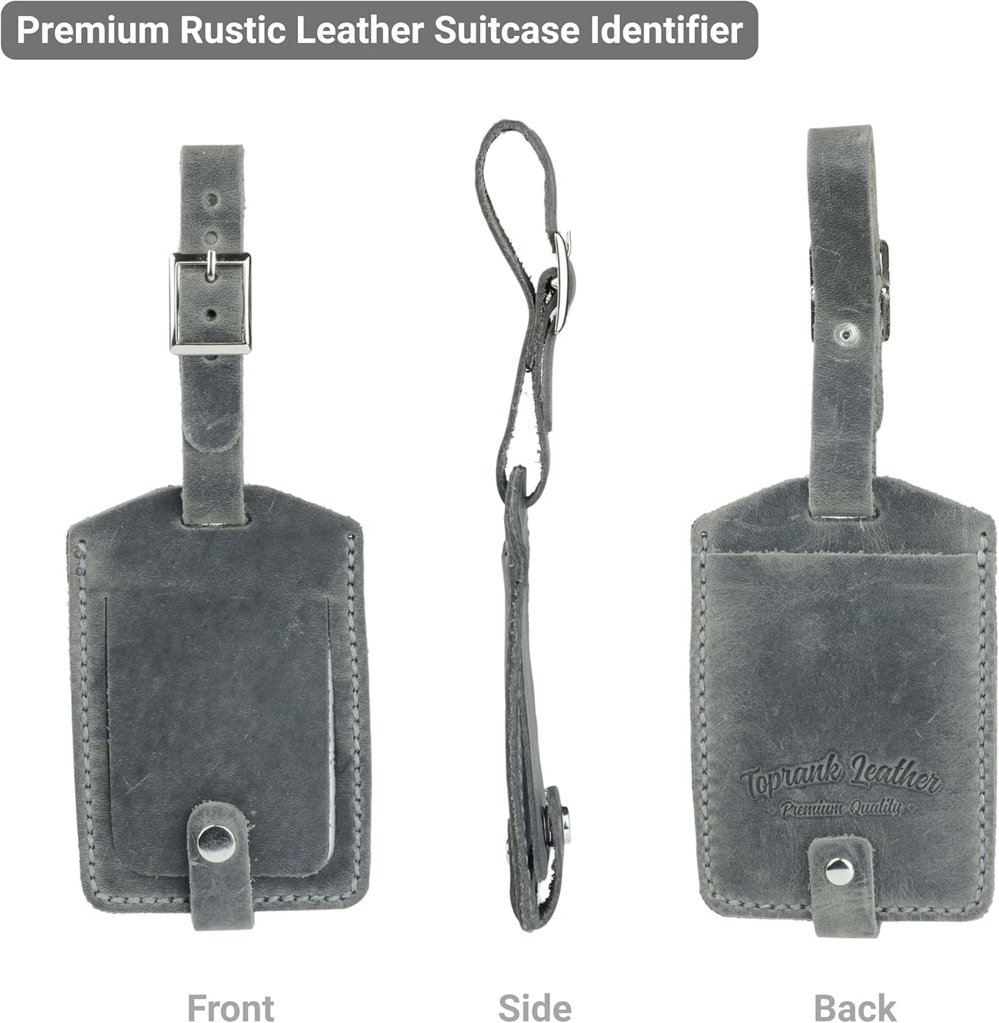 Toprank Leather Genuine Luggage Tags – Durable Leather Bag Tags for Travel, Baggage & Accessories (Gray)