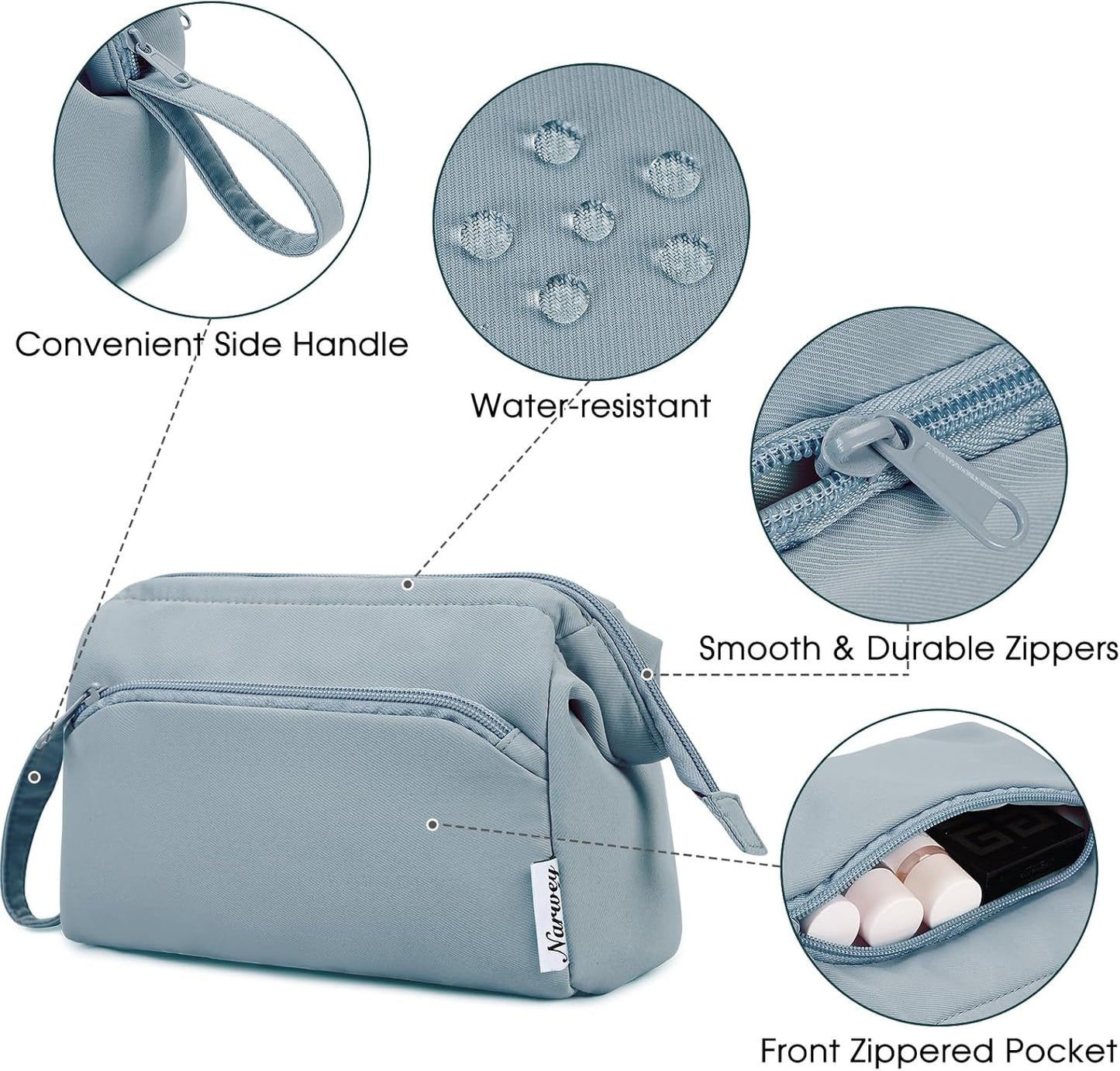 Narwey Wide-open Makeup Bag Women Make up Bag Travel Cosmetic Bag Organizer Toiletry Bag for Cosmetics Toiletries Accessories (Greyish Blue)