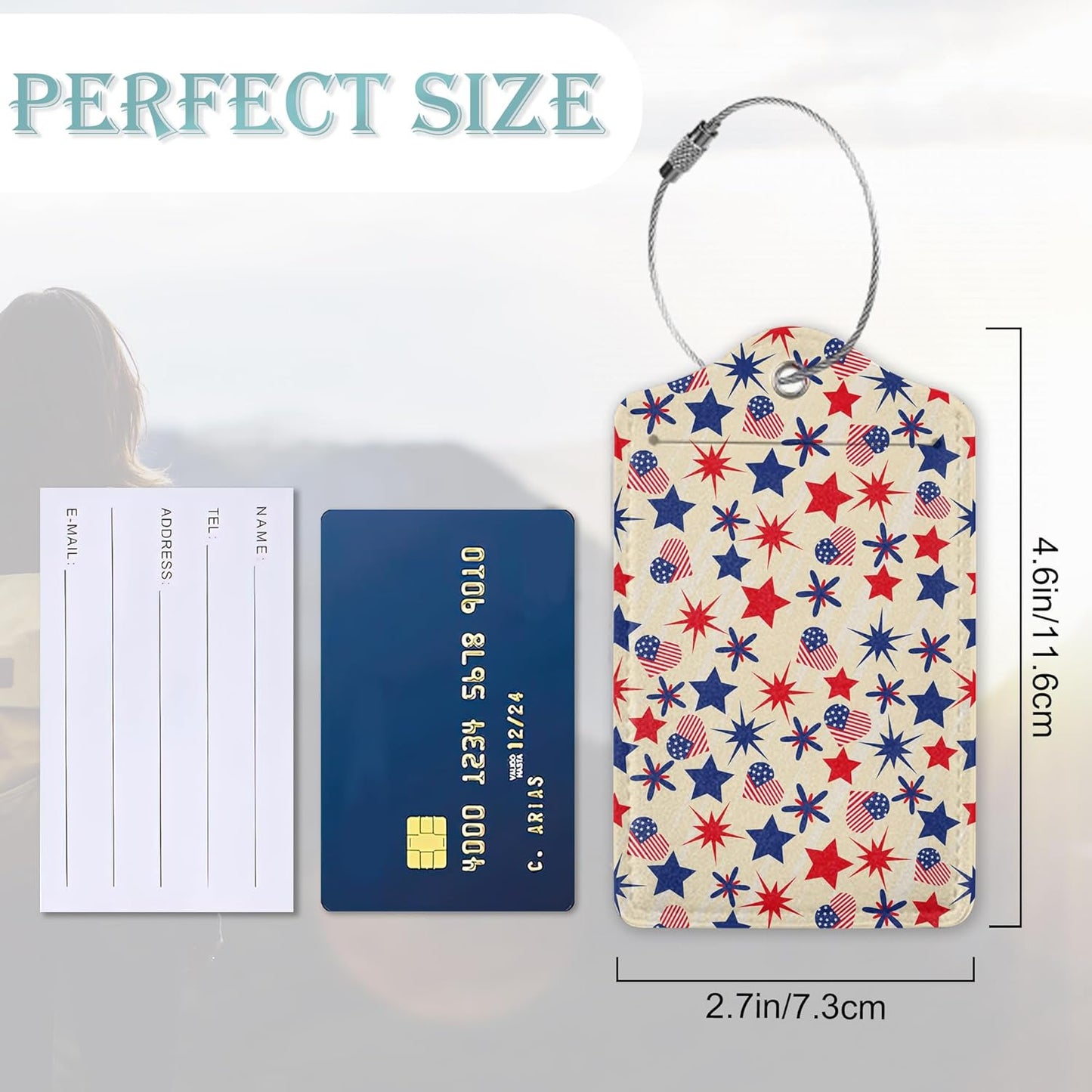 Luggage Tags for Suitcase,2 Pack American Stars Flag Luggage Tag PU Leather Privacy Cover ID Label with Stainless Steel Loop for Women Men Teens Travel