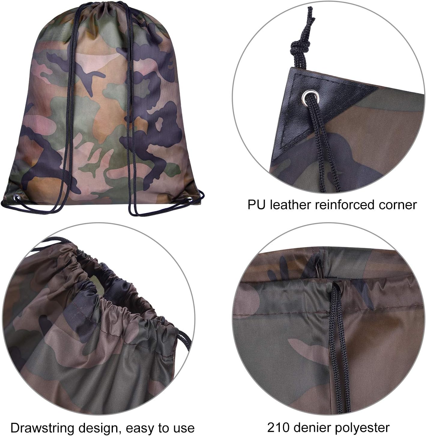 KUUQA 12 Pack Camouflage Drawstring Backpack Bulk String Backpack Cinch Kids Sport Bags Storage Bags for Gym Traveling (Camouflage)