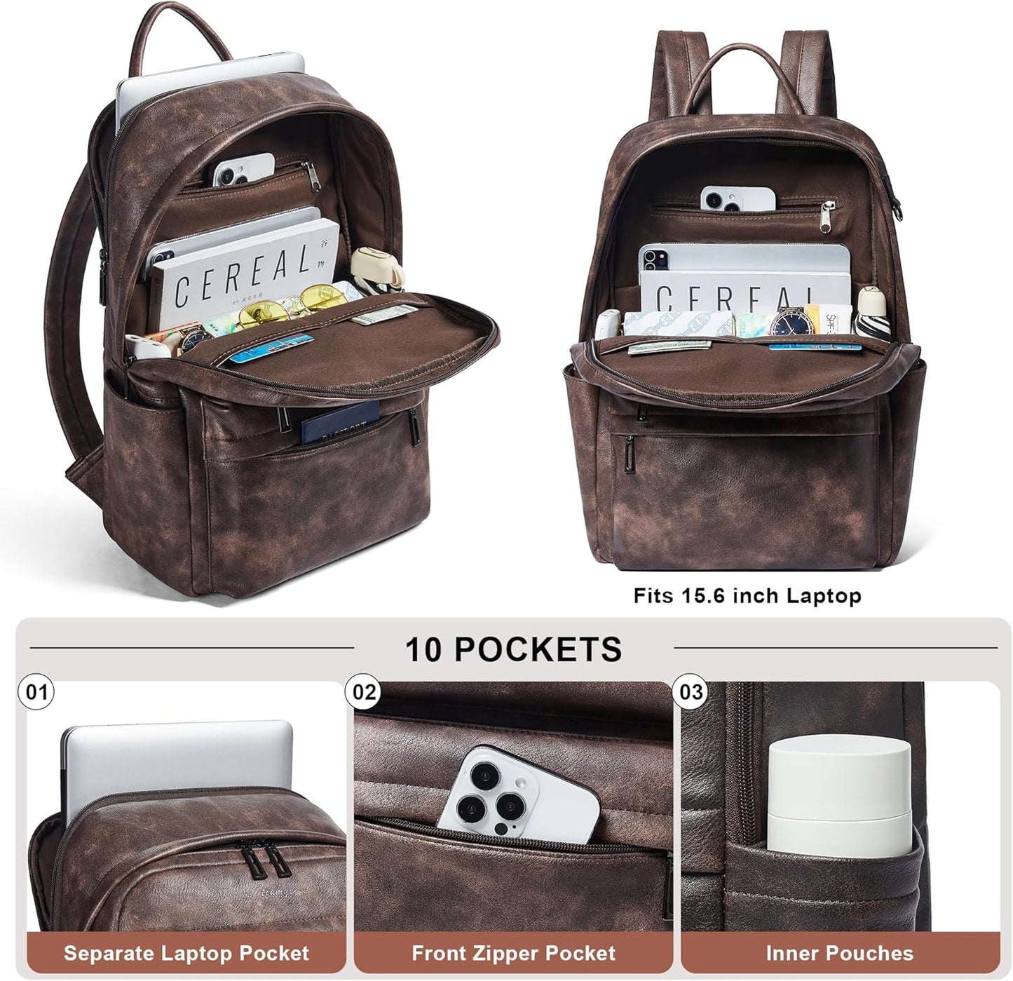 Leather Laptop Backpack for Women, Fits 15.6 Inch Laptop, Leather Backpack with 2 Water Bottle Pockets, Hidden Zipper and Luggage Strap, Ideal for Work, Travel, College, Everyday Use, Coffee