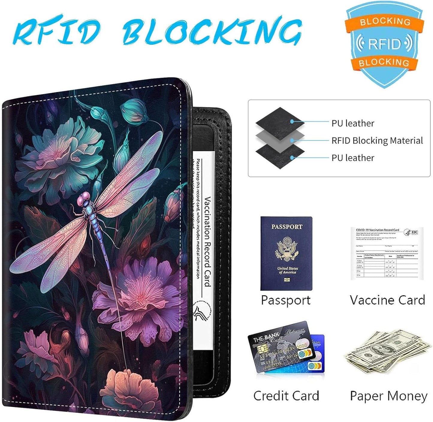 Passport Holder Cover Wallet Travel Essentials RFID Blocking Case Leather Passport Cover Wallet Vaccine Card Slot Organizer for Men Women, Dragonfly