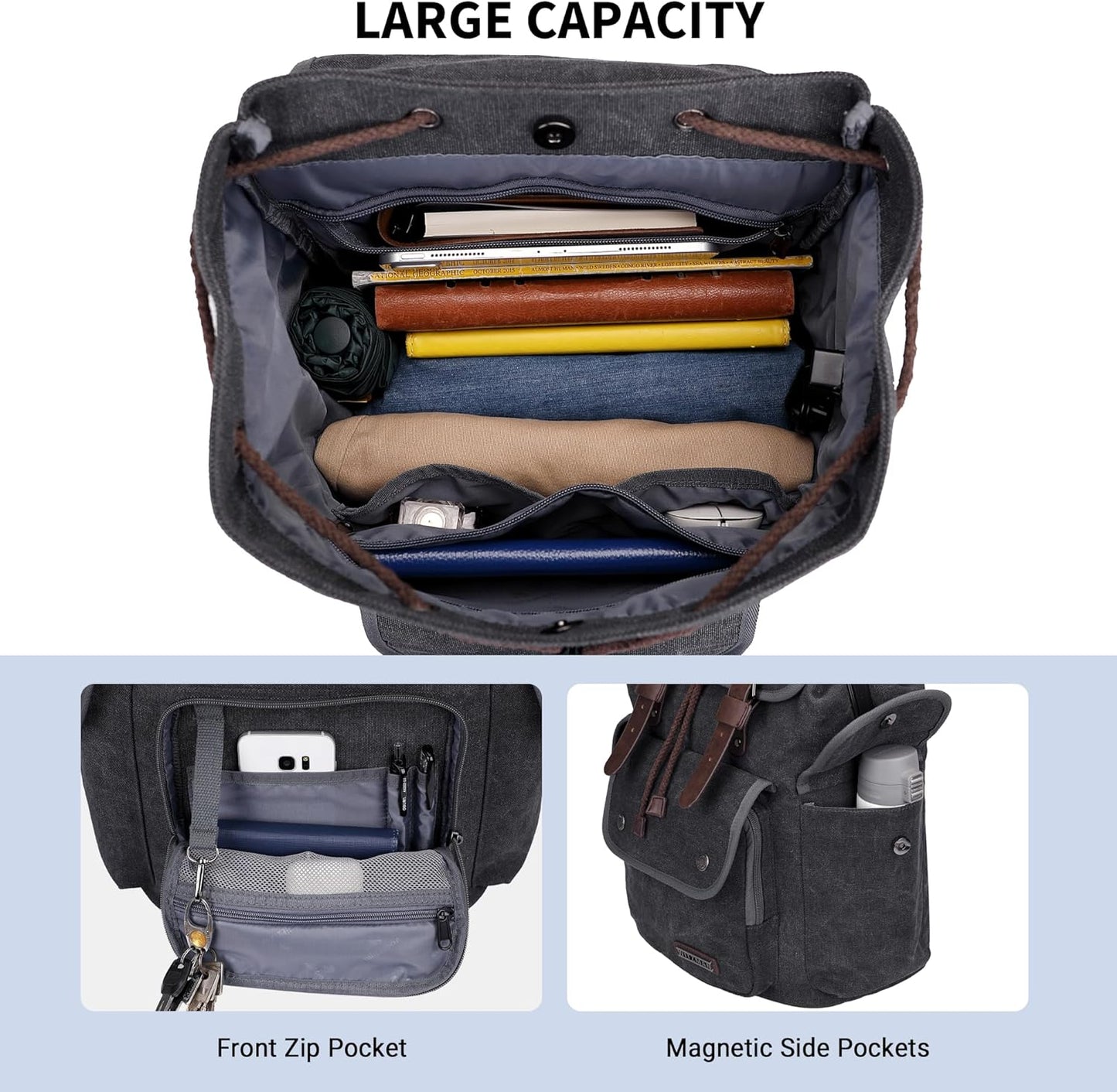 WITZMAN Canvas Backpack for Men Vintage Rucksack Fit 15.6 inch Laptop Backpack Travel High Capacity Casual Daypack (A8004 Black/Gery