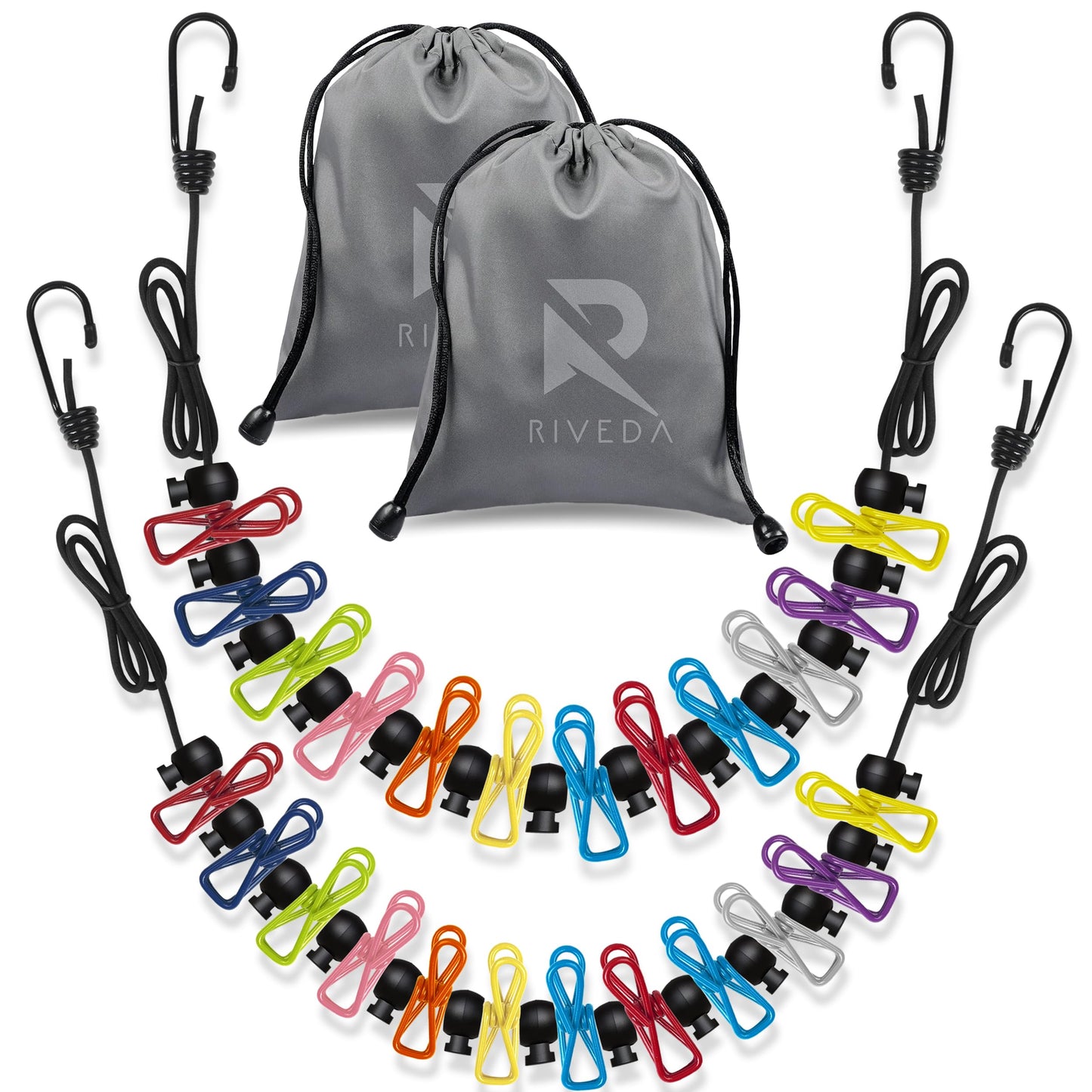 RIVEDA 2 Pack Travel Clotheslines with 12 Colorful Clips Each & 2 Bags, Cruise RV & Camping