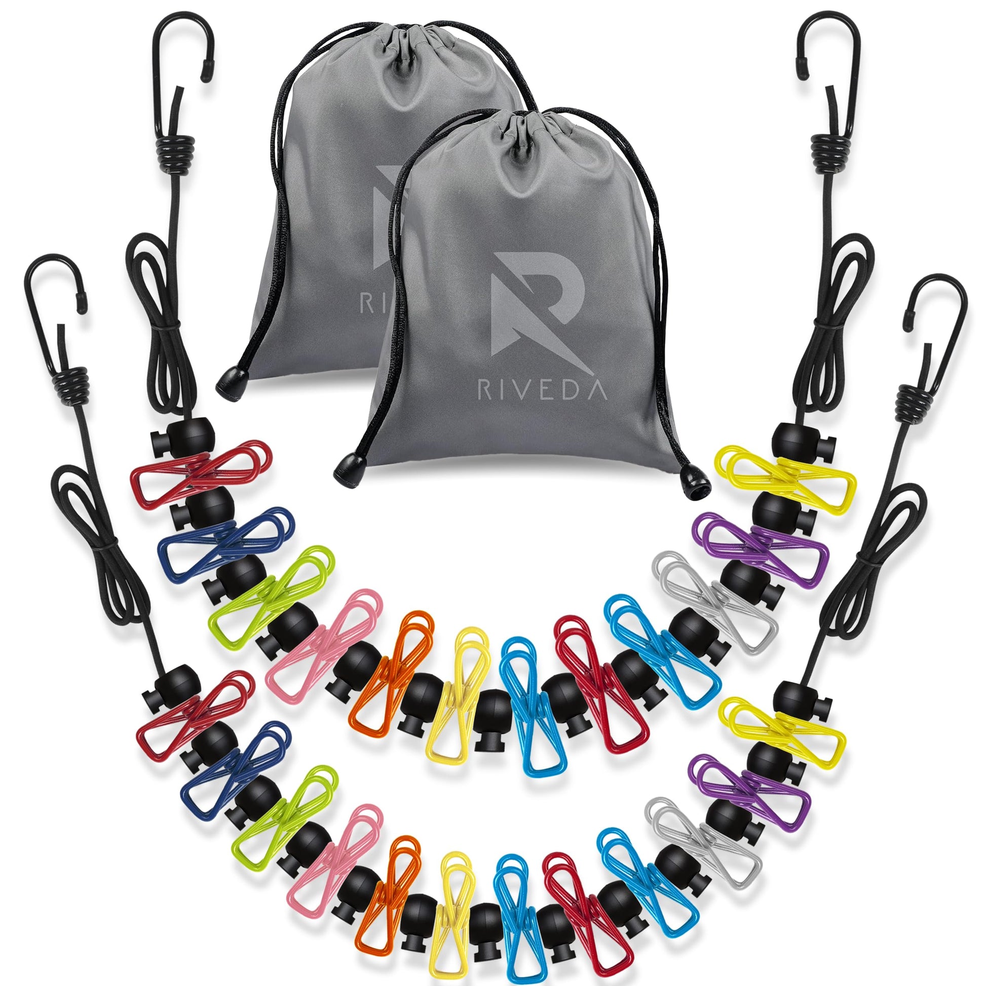 RIVEDA 2 Pack Travel Clotheslines with 12 Colorful Clips Each & 2 Bags, Cruise RV & Camping