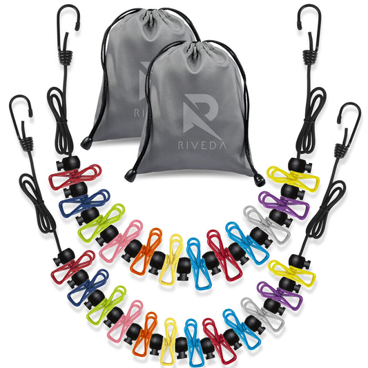 RIVEDA 2 Pack Travel Clotheslines with 12 Colorful Clips Each & 2 Bags, Cruise RV & Camping