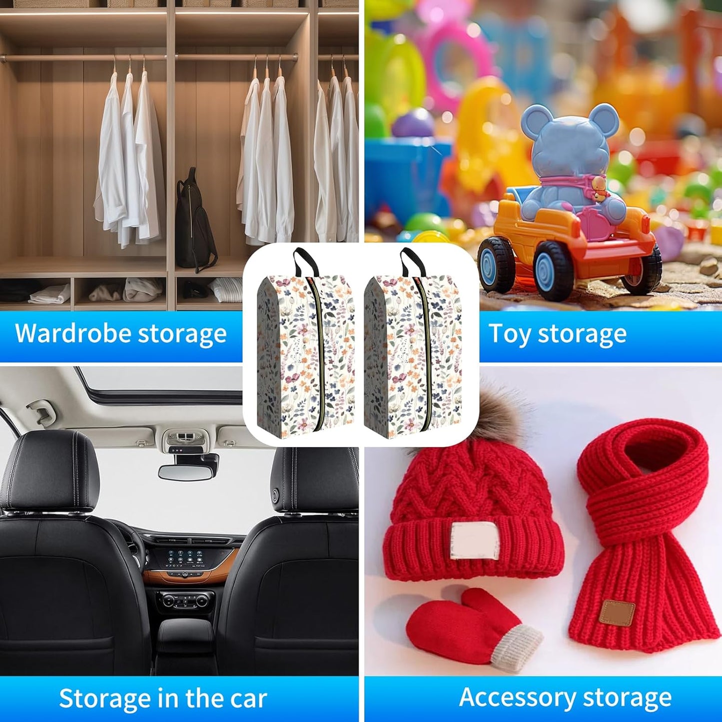 2pcs Shoe Organizer for Travel, Packing Shoe Travel Bags, Cute Shoe Bag with Zipper & Handle, Portable Travel Essentials for Women and Men Spring Flowers