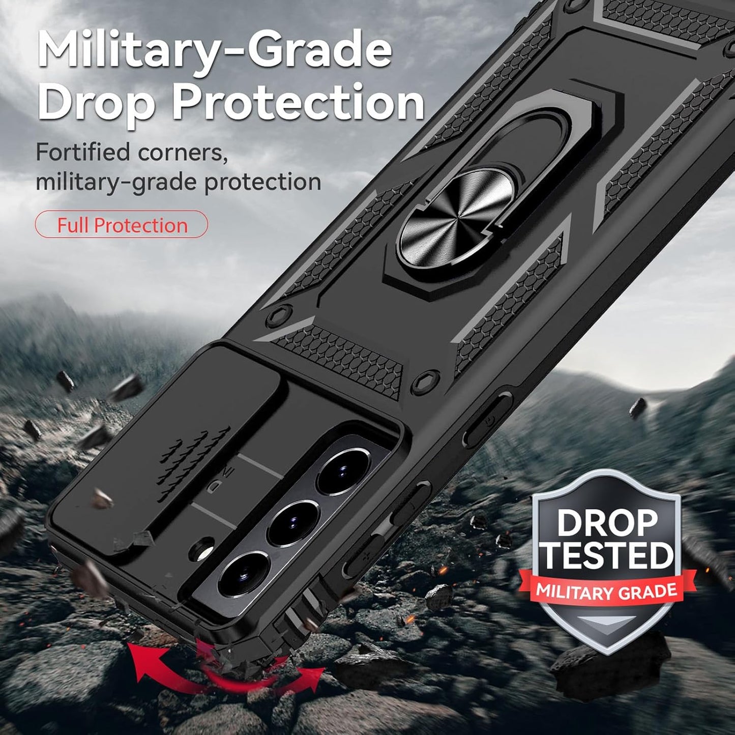 for Samsung S21 FE Case with Screen Protector: [Military Grade 20ft. Drop Tested] Ring Shockproof Protective Phone Case for -Samsung Galaxy S21 FE (Black)