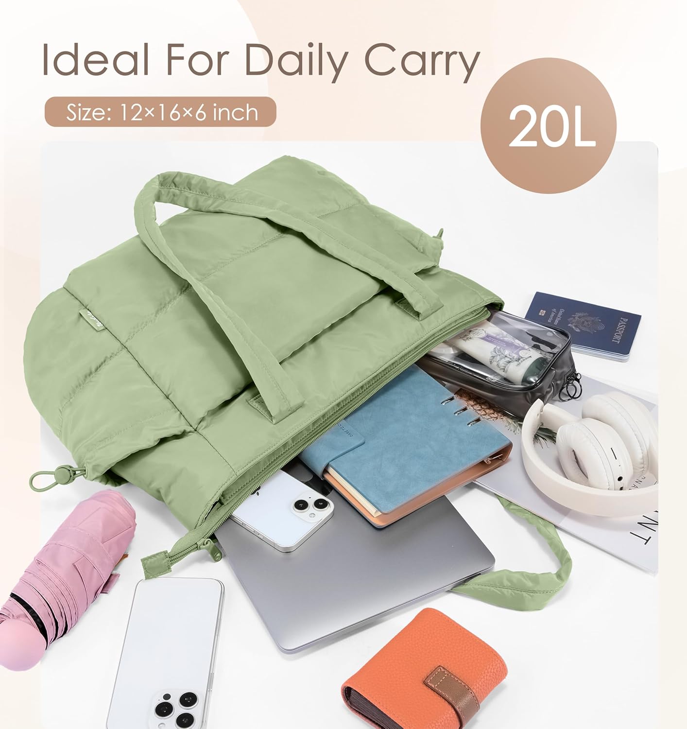 Tote Bag for Women Puffy Work Bags for Women with Zipper Lightweight Quilted Puffer Tote Bag for Travel, Teacher, Nurse