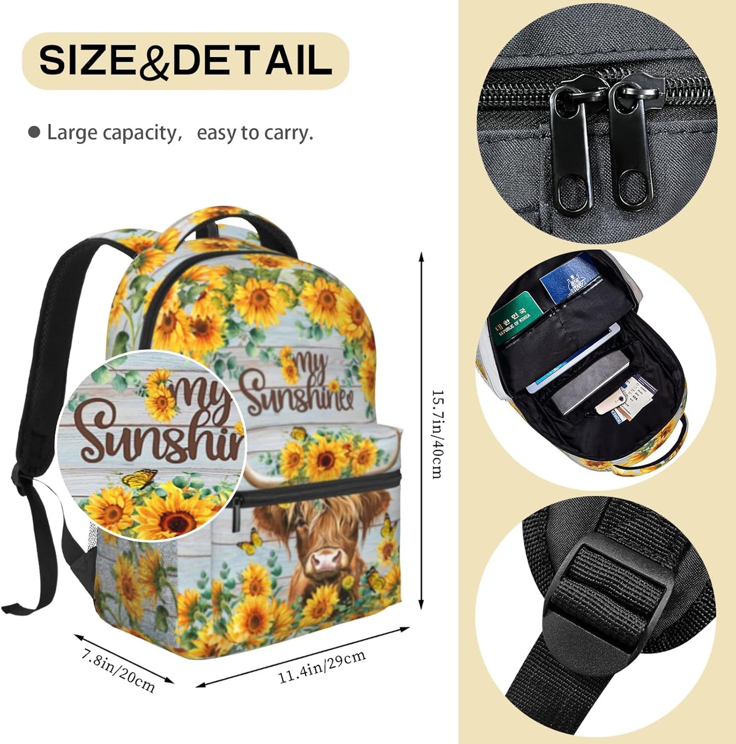 Highland Cow Backpack for Teen Girls Women Sunflower Print Backpack for Kids Lightweight Bookbag for Elementary Preschool Bookbags