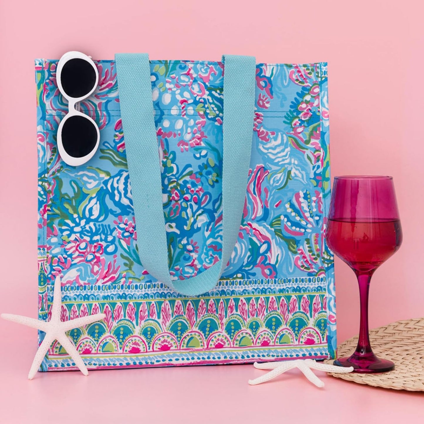 Lilly Pulitzer Blue/Green Market Shopper Bag, Reusable Grocery Tote with Comfortable Shoulder Straps, Aqua La Vista