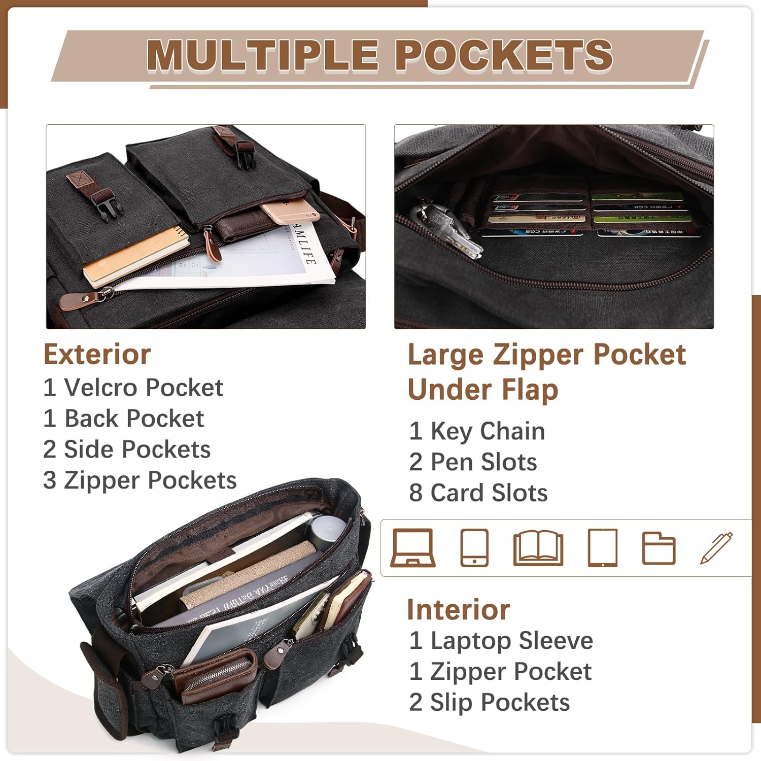 Messenger Bag for Men,Water Resistant Canvas Satchel 14 15.6 17 Inch Laptop Briefcases Business