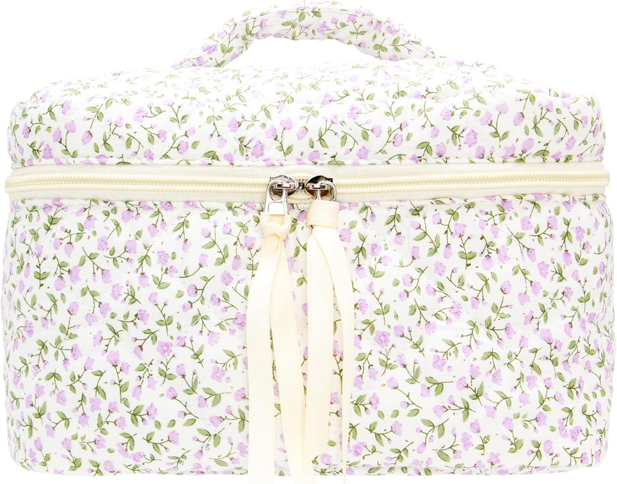 PAZIMIIK Quilted Makeup Bag Large Travel Zipper Soft Cosmetic Case for Women Girls Make Up,Floral