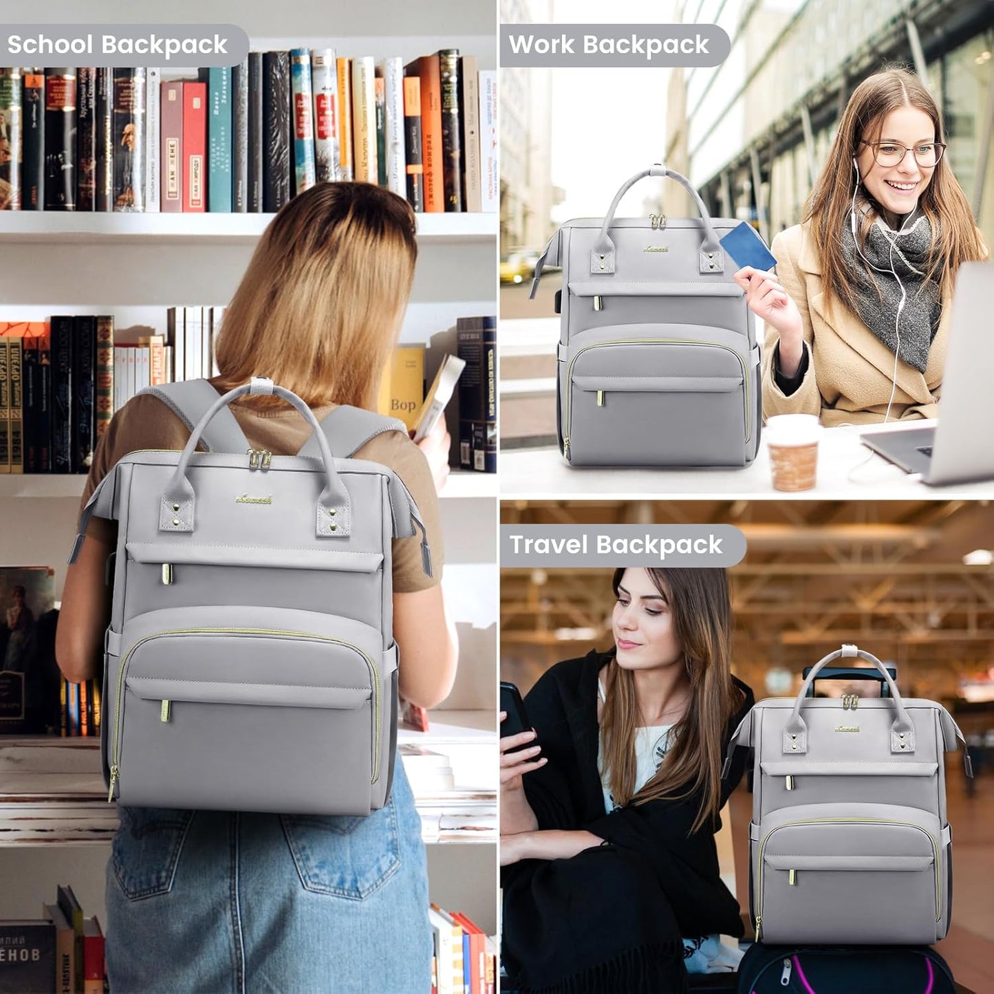 LOVEVOOK Leather Laptop Backpack for Women 15.6 inch,Travel Backpack Purse Nurse Teacher Backpack Computer Laptop Bag,Professional College Business Work Carry On Backpack with USB Port,Elephant Grey