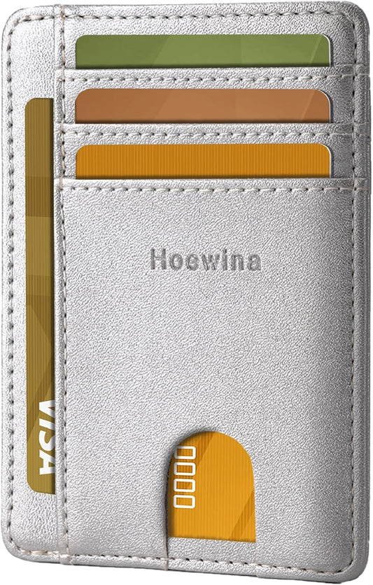 Hoewina Slim Wallet for Men, Credit Card Holder Wallet, Minimalist Design - RFID Blocking Front Pocket Leather Thin Wallet for Men and Women(Sand Silver)