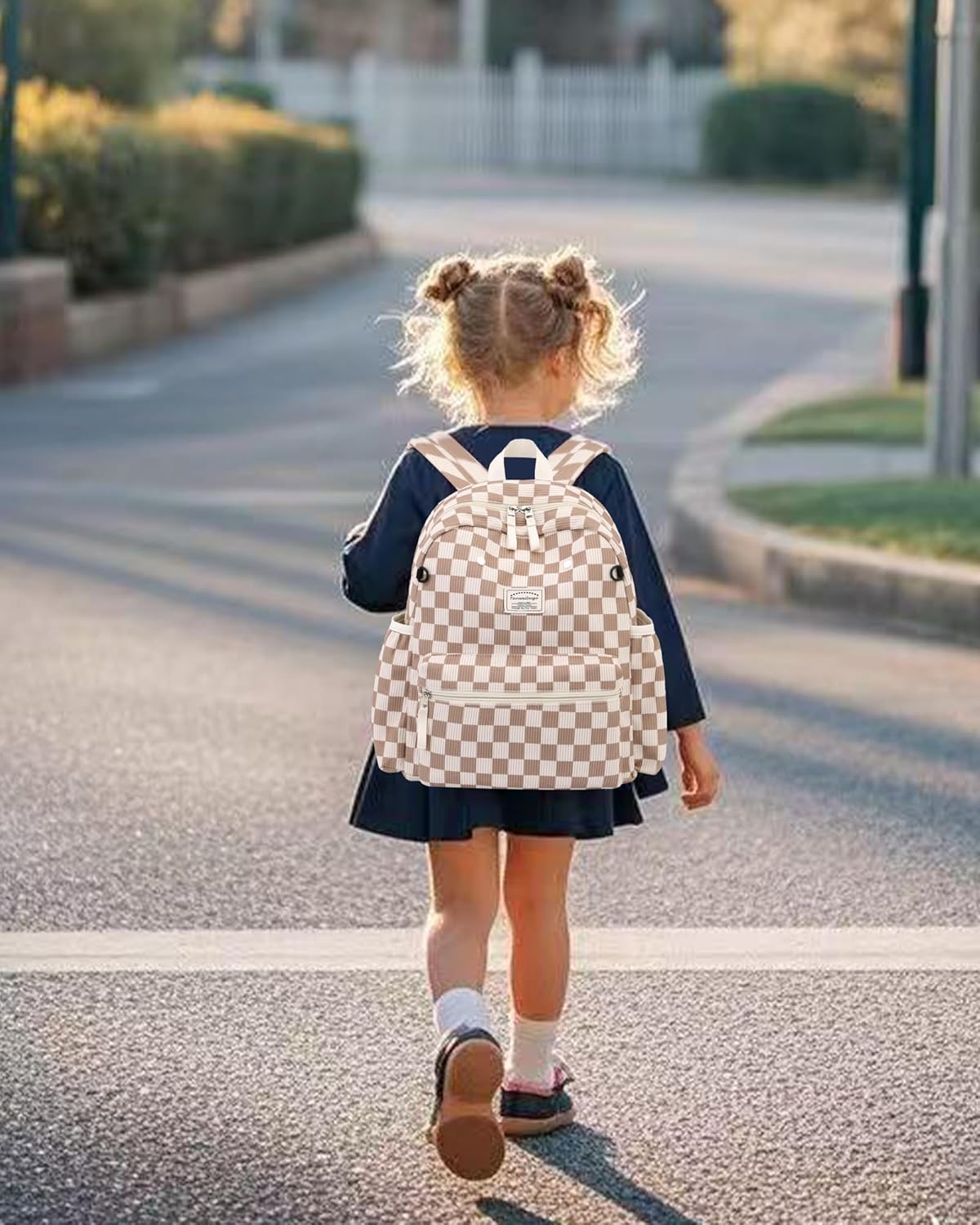 Corduroy Kids Backpack for Boys Girls Backpacks for Primary Elementary Kindergarten 6-10 (Checkered Brown, Medium (15" H Fit A4 Folder))