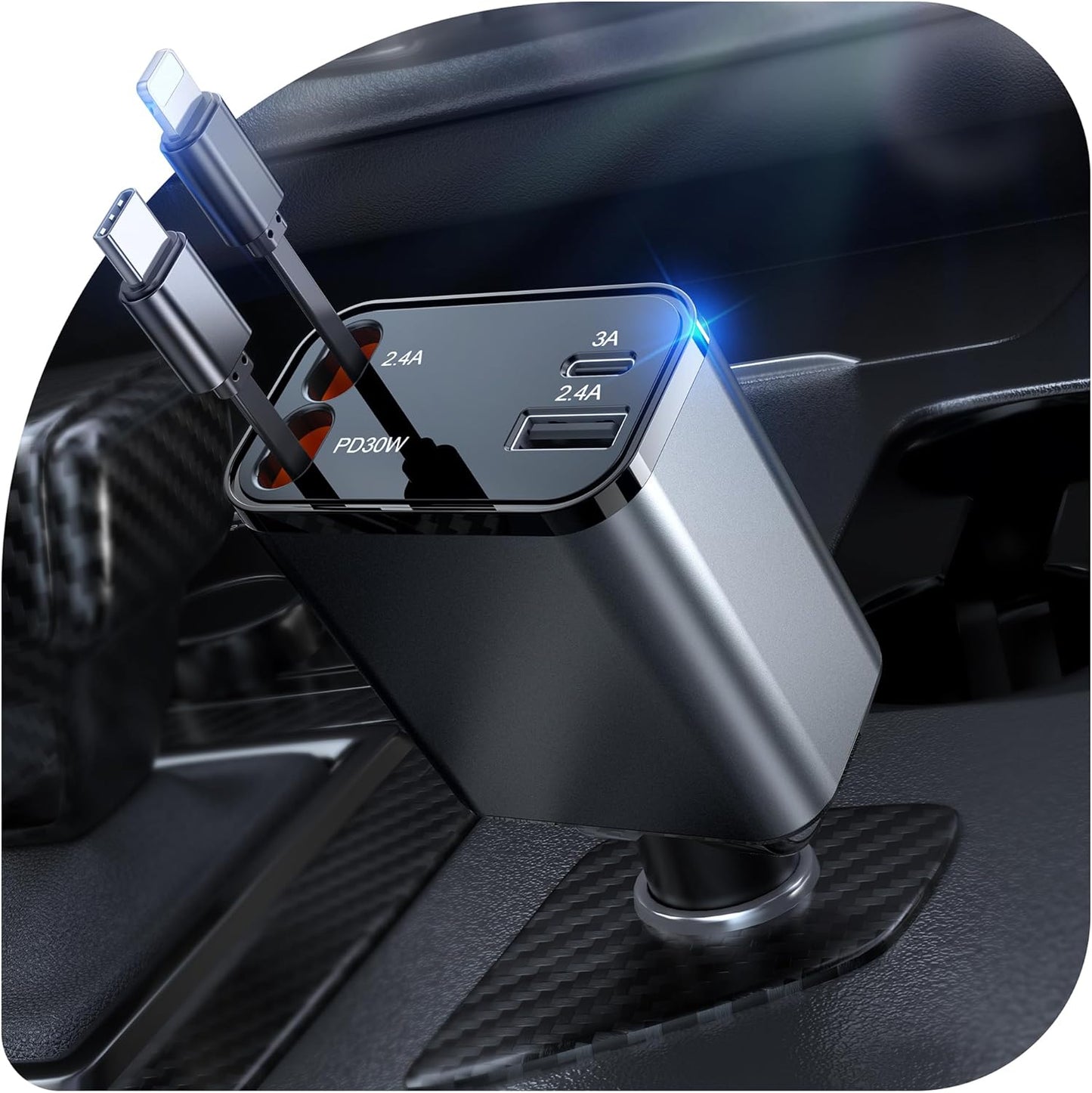 69W Retractable Car Charger, 4-in-1 Fast Car Phone Charger with 2.6ft Two Retractable Cables and USB C+USB A Car Charging Block Cube, Compatible with iPhone 13 14 15 16 17 Pro Max, Plus,Galaxy,Pixel