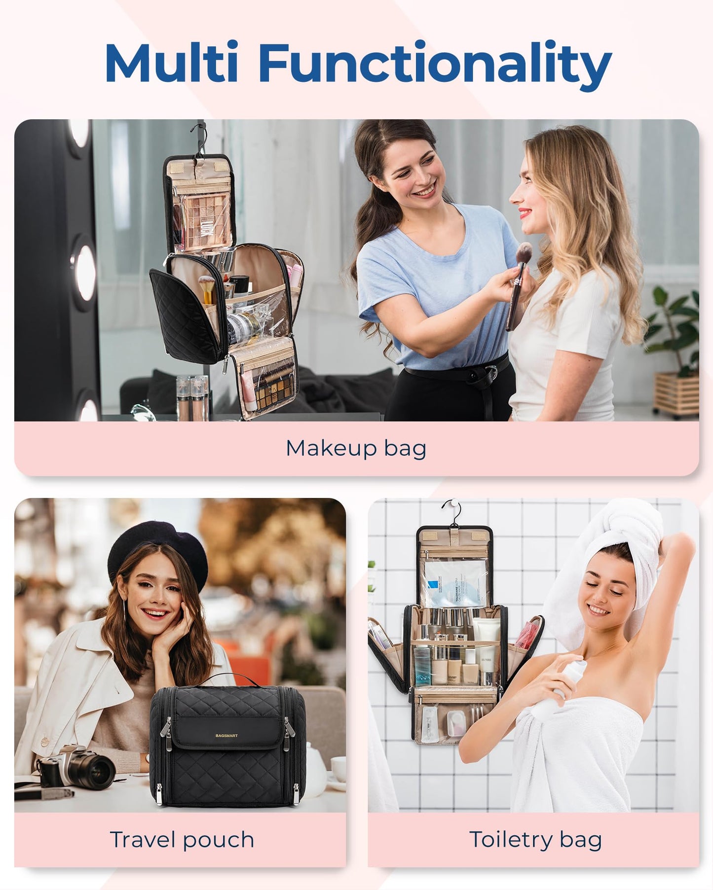 BAGSMART Makeup Bag for Women with Hanging Hook - Portable Cosmetic Case, Large Capacity Door Room