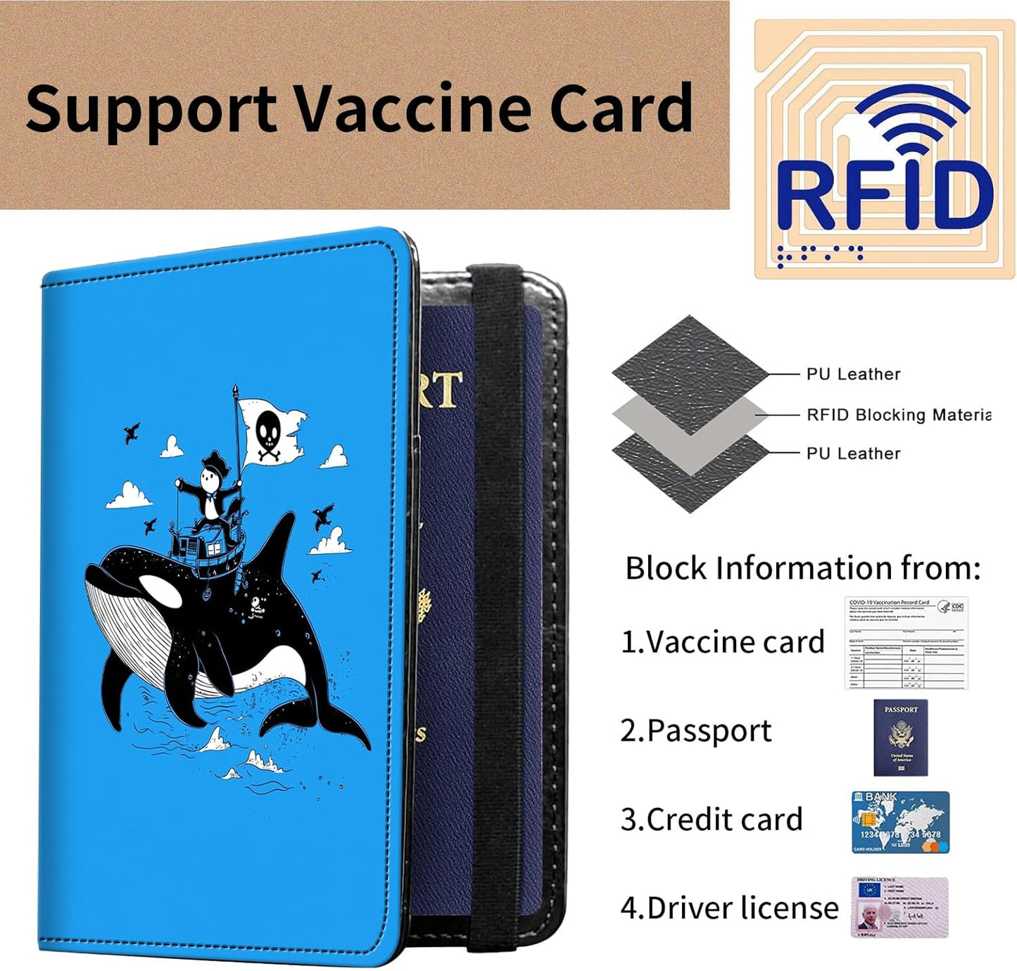 Passport and Vaccine Card Holder Cover Combo,Travel Passport Holder Wallet with RFID Blocking, Leather Vaccine Card Slot Passport Cover Case for Women & Men,Pirate Ship and Dolphin