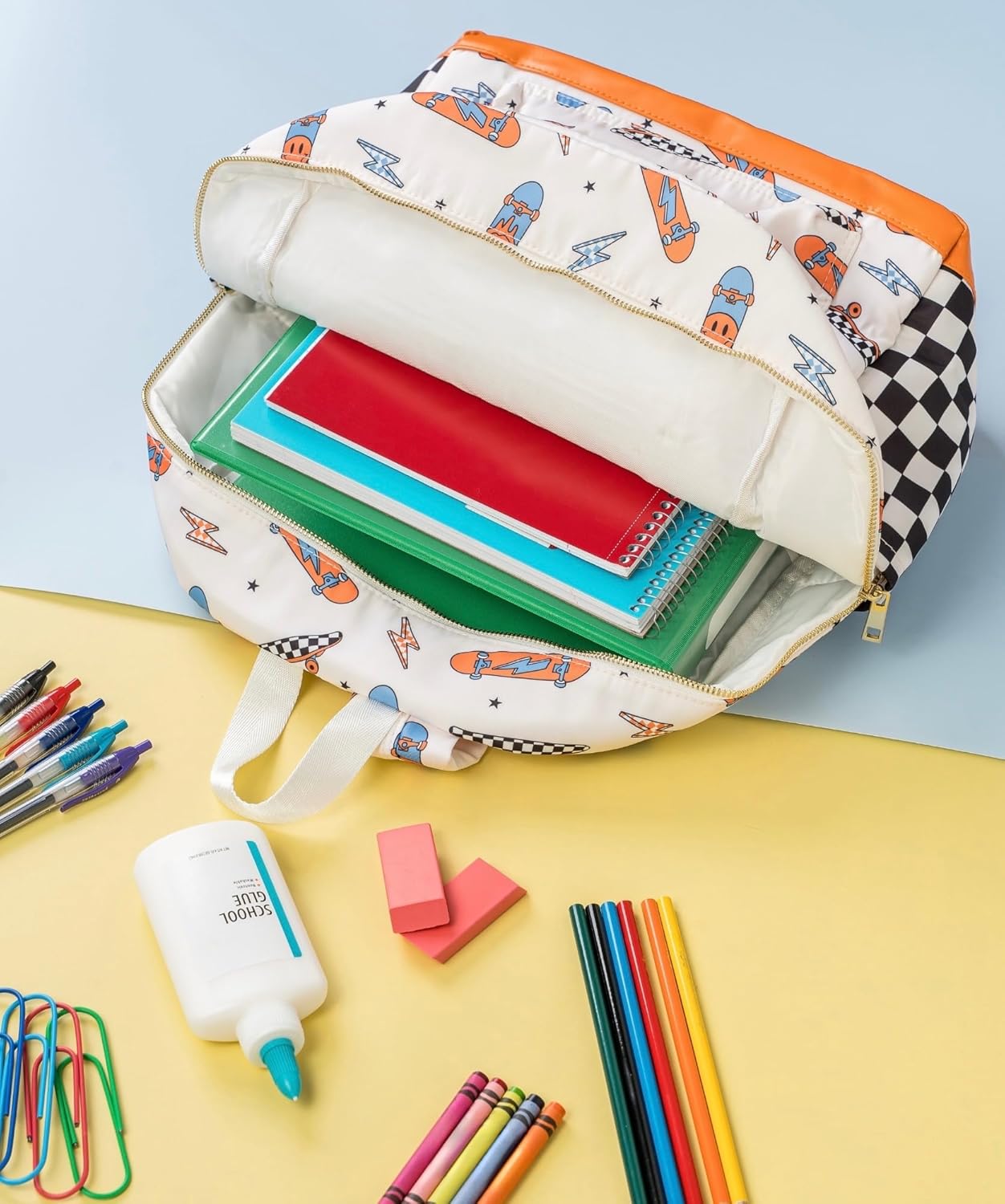 Noa Jayne Co. Boys 16" Backpack Ages 5–8 – Retro Skateboard & Checkered School Bag | Trendy Lightweight Durable Kids Backpack for Elementary & Travel