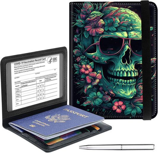 Passport Holder Cover Wallet Travel Essentials RFID Blocking Case Leather Passport Cover Wallet Vaccine Card Slot Organizer for Men Women, Cool Skull