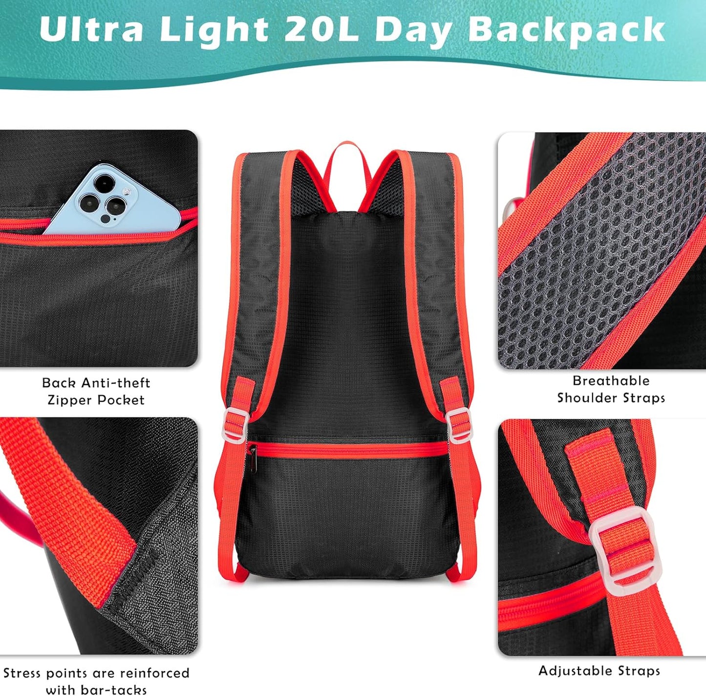 20L Small Hiking Backpack, Lightweight Foldable Daypack Water-resistant Travel Camping Packable Backpack