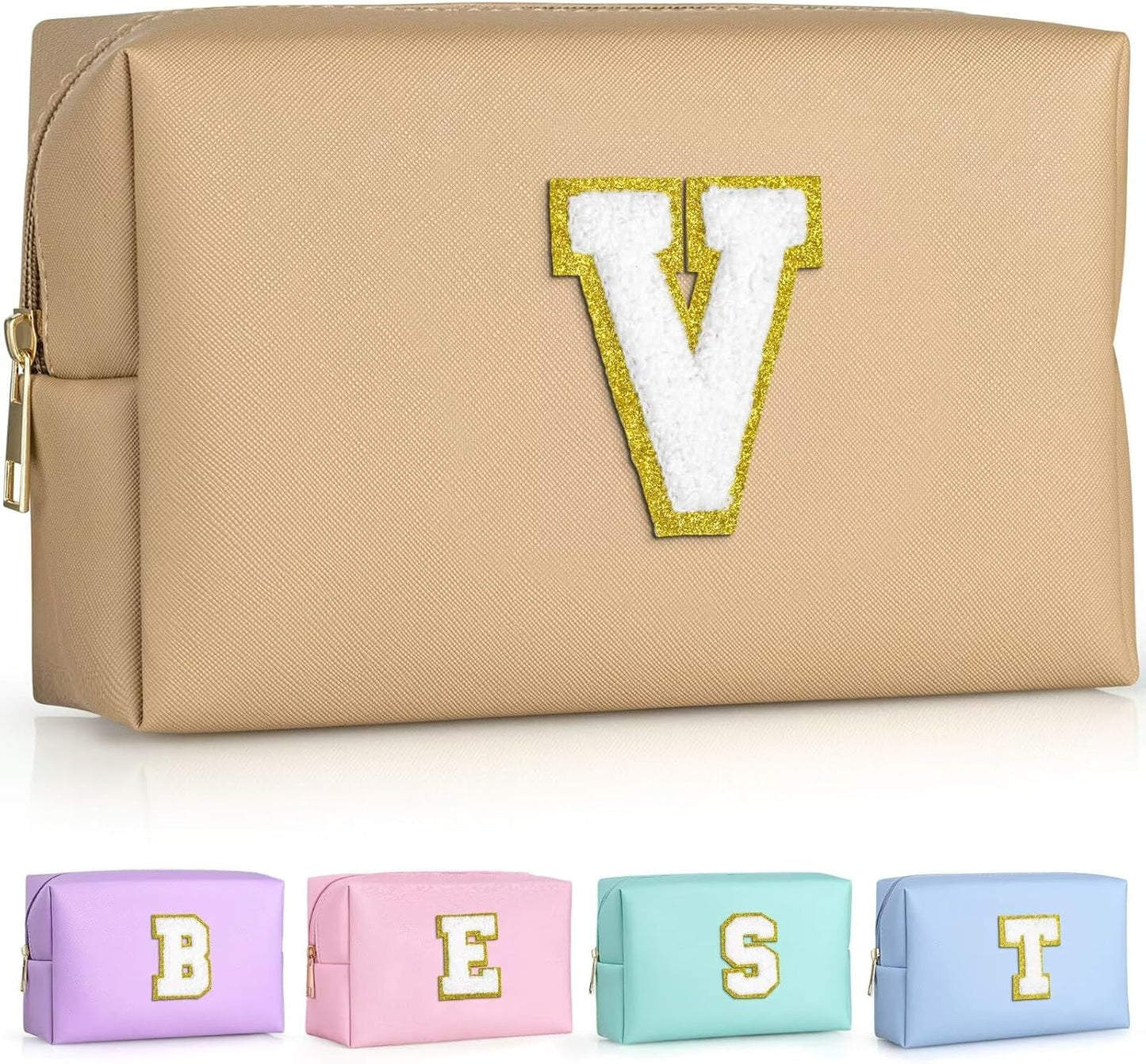 TOPEAST Initial Makeup Bags for Women, Personalized Portable Cosmetic Bag for Travel, Cute Makeup Pouch, PU Leather Waterproof Toiletry Bag, Preppy Things for Girl (Khaki V)