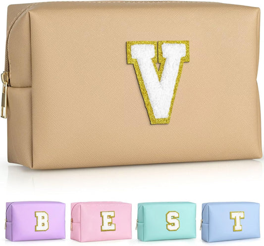 TOPEAST Initial Makeup Bags for Women, Personalized Portable Cosmetic Bag for Travel, Cute Makeup Pouch, PU Leather Waterproof Toiletry Bag, Preppy Things for Girl (Khaki V)