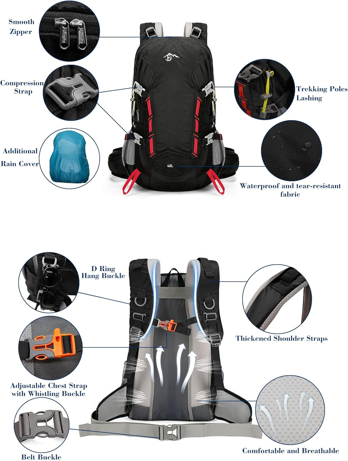Long Keeper 40L Hiking Backpack Camping Daypack with Waterproof Rain Cover Lightweight Outdoor Sport Travel Backpack Rucksack (Black)