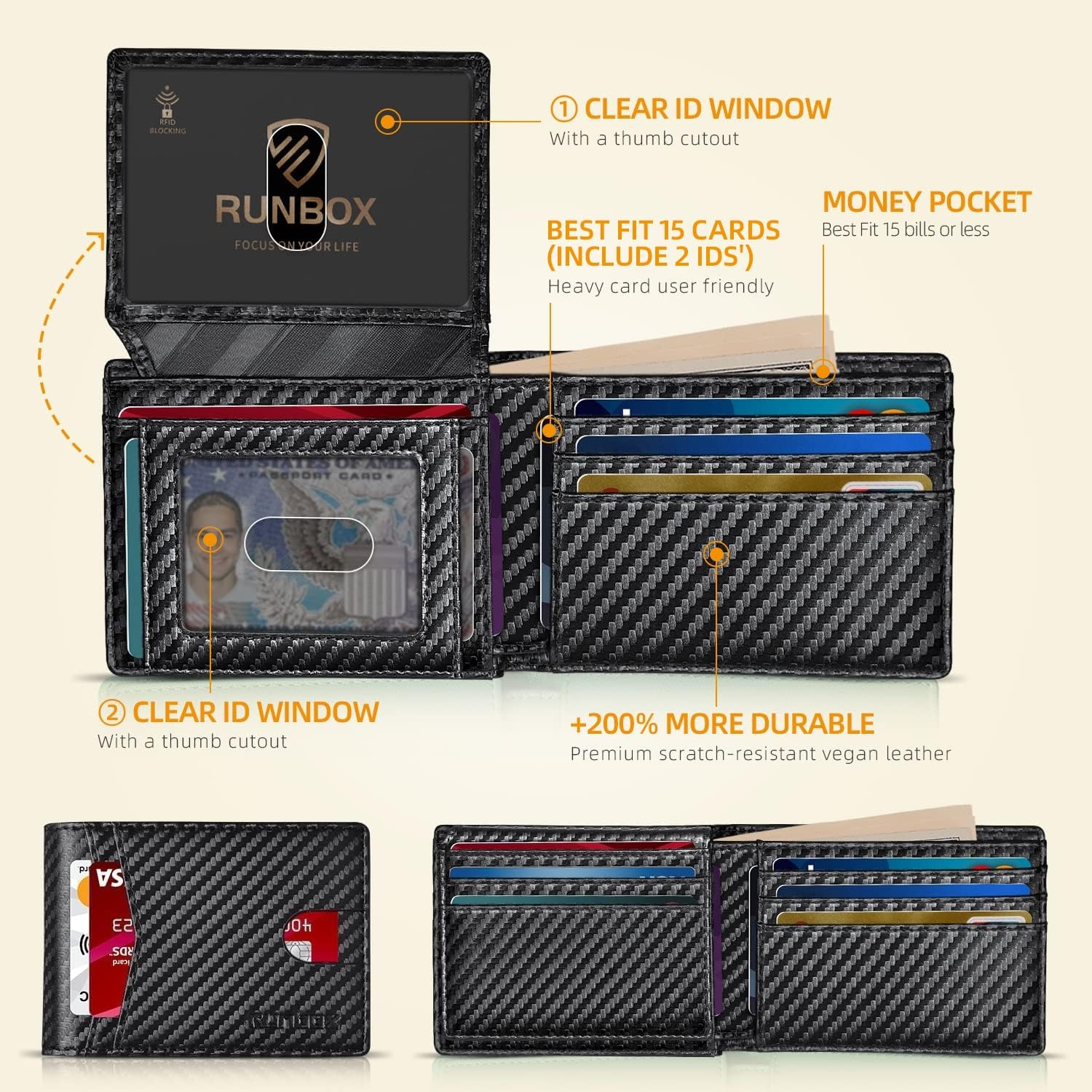 RUNBOX Wallet for Men Slim Leather Bifold RFID Blocking with 2 ID Windows