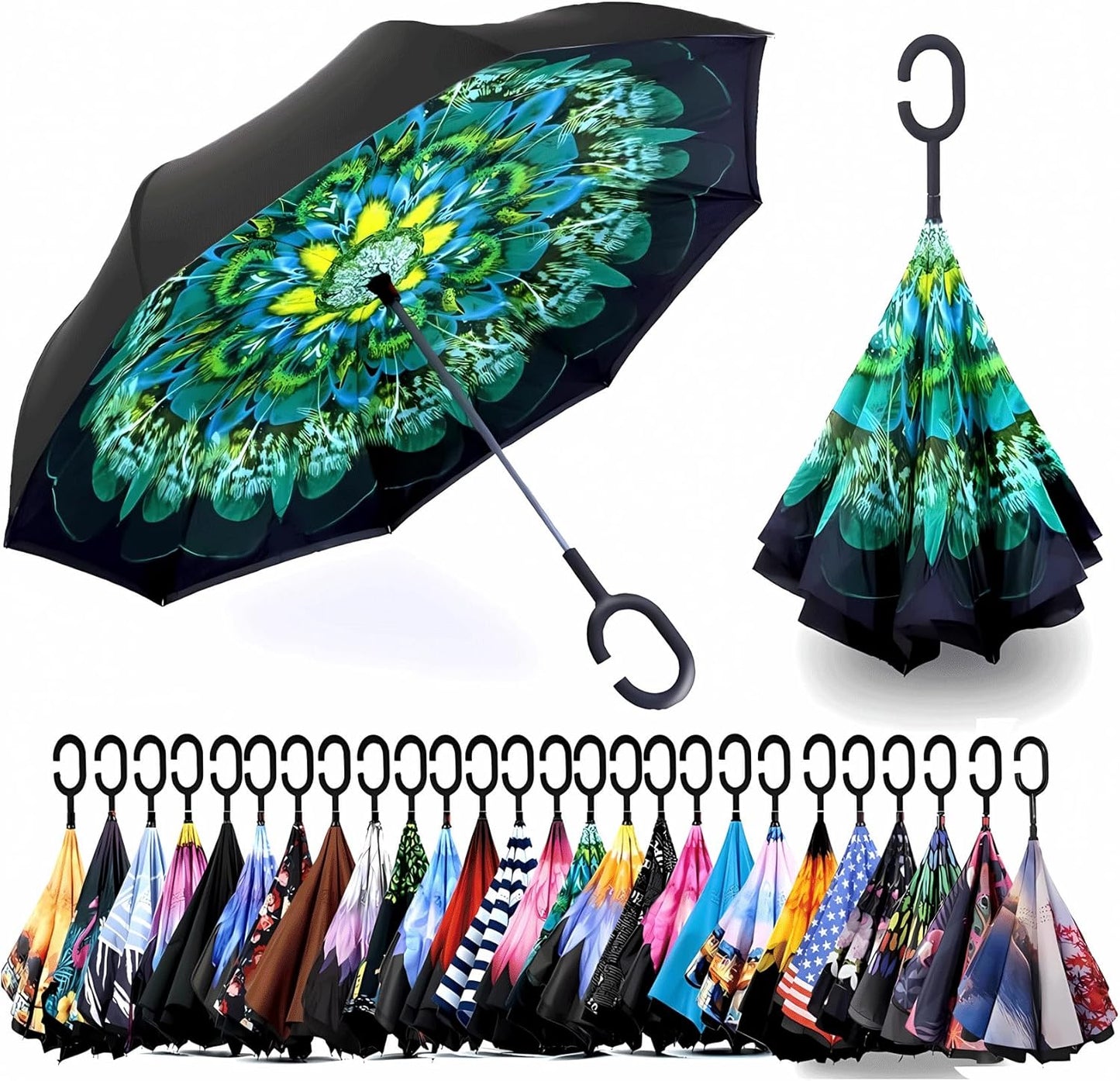 SIEPASA 49/56 Inch Inverted Reverse Upside Down Umbrella, Extra Large Double Canopy Vented Windproof Waterproof Stick Golf Umbrellas with C-shape Handle.