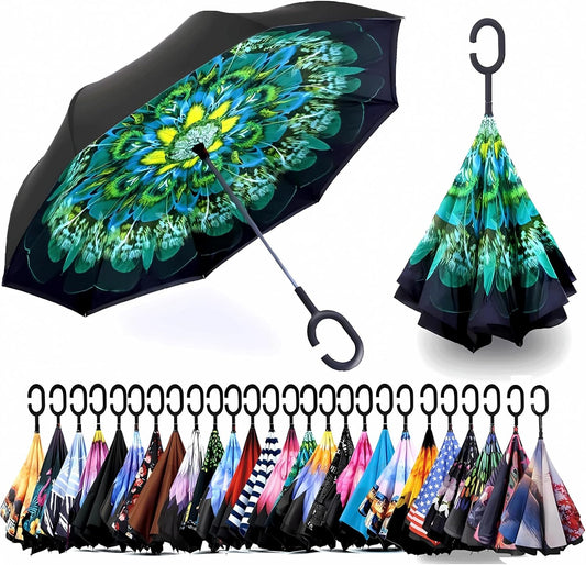 SIEPASA 49/56 Inch Inverted Reverse Upside Down Umbrella, Extra Large Double Canopy Vented Windproof Waterproof Stick Golf Umbrellas with C-shape Handle.