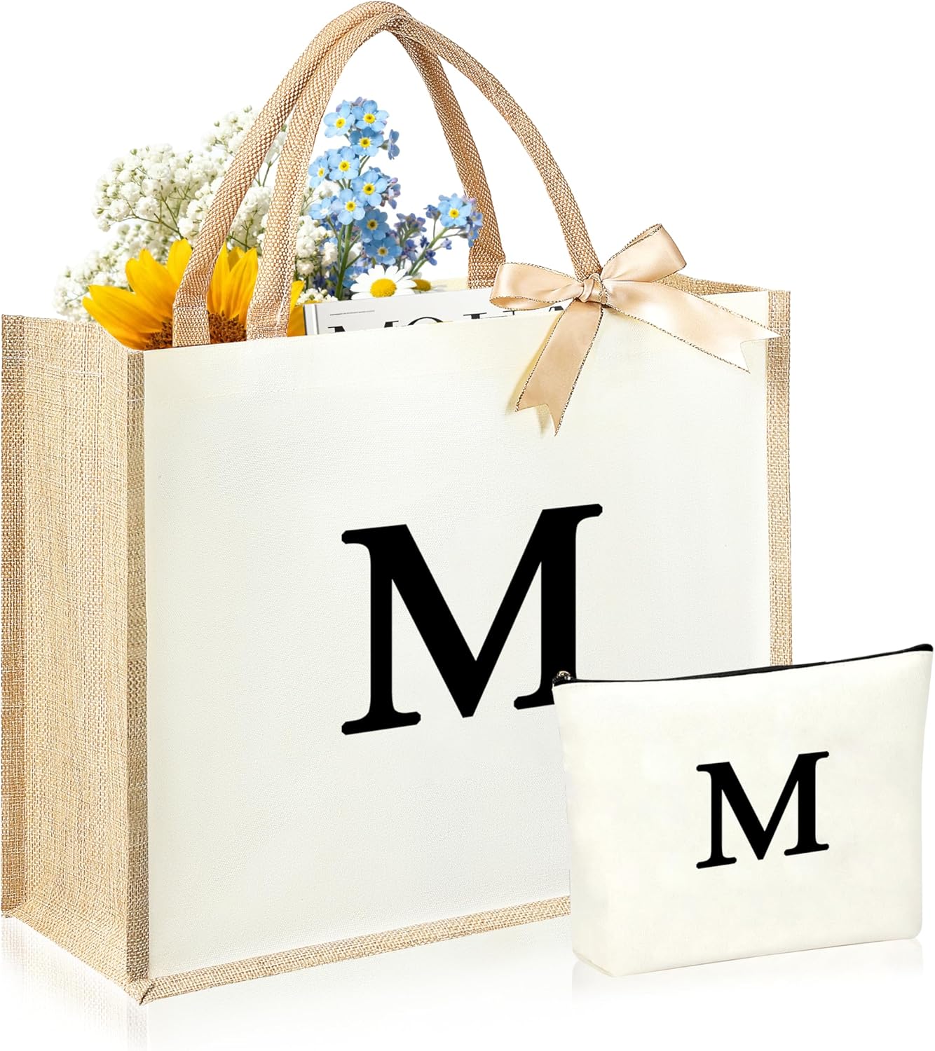 Initial Canvas Tote Bag & Makeup Bag for Women Teacher Bridesmaids，Personalized Present for Wedding, Birthday, Beach