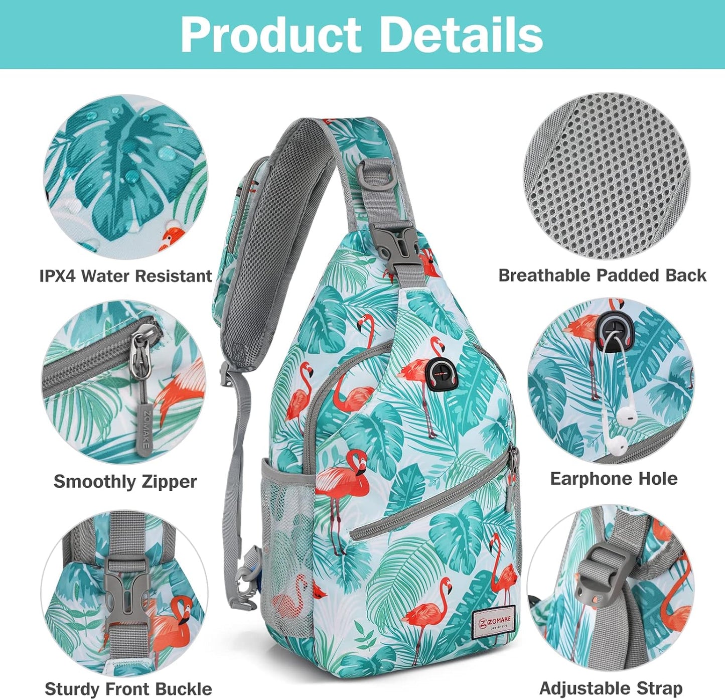 ZOMAKE Sling Bag,Small Crossbody Sling Backpack,Water Resistant Shoulder Daypack for Travel,Anti Thief Chest Bag for Hiking(Flamingo Blue)