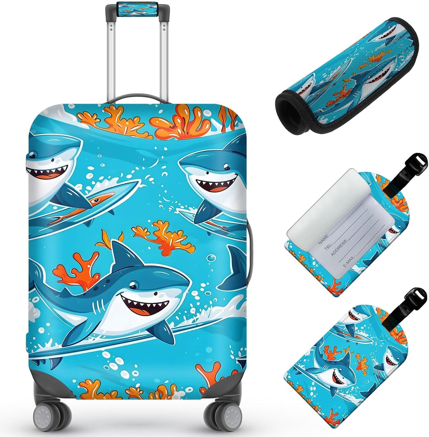 Travel Luggage Cover,Cute Cartoon Sharks Theme Suitcase Cover Accessory Kit, Luggage Tag, and Comfortable Luggage Handle Wrap, Washable Zipper Close Luggage Suitcase Protector (18-20 inch,S)