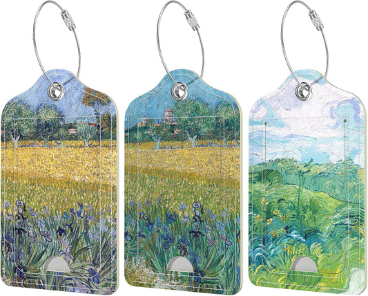 Rimilak 3 Pcs PU Leather Luggage Tags for Suitcase, Travel Cruise Luggage Tag with Privacy Flap, Name ID Label and Metal Loop for Women Men Baggage Handbag School Bag Backpack, Field Tree
