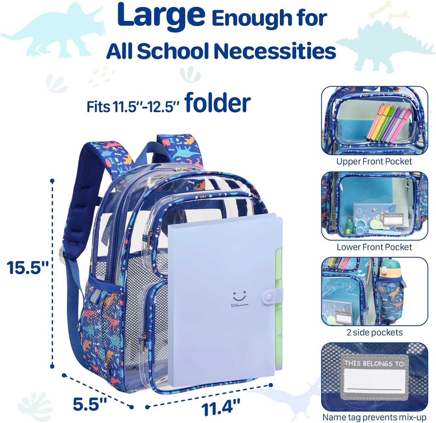 Bagseri 3pcs Clear Backpack for Boys - 15 Inch Backpack and Lunch Bag and Pencil Case Set, Heavy Duty Transparent Bookbag for School, See Through Bag for Kids Aged 3 to 8, Blue Dinosaur