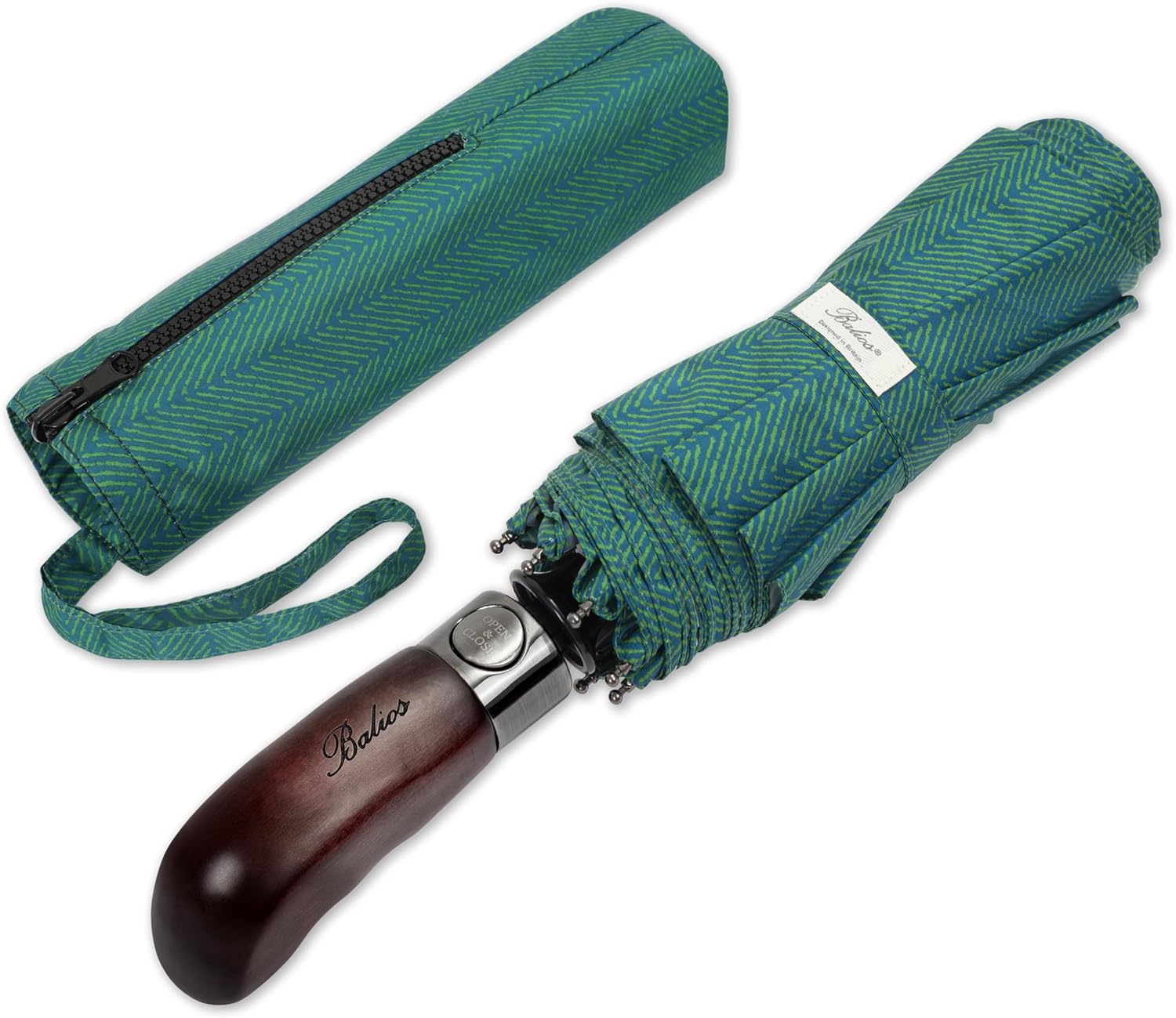 Balios Travel Folding Umbrella with Real Wood Handle Auto Open Close Vented Windproof Canopy