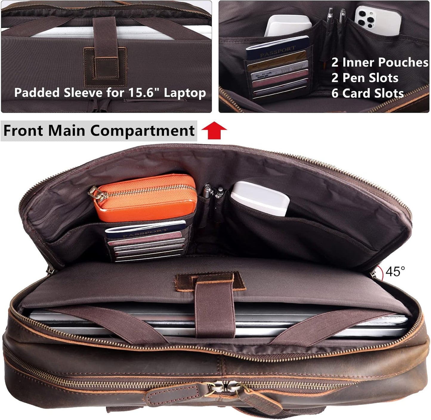 Masa Kawa Leather Briefcase for Men 15.6" Laptop Crossbody Shoulder Messenger Bag Vintage Brown Business Travel Office Work Computer Attache Case