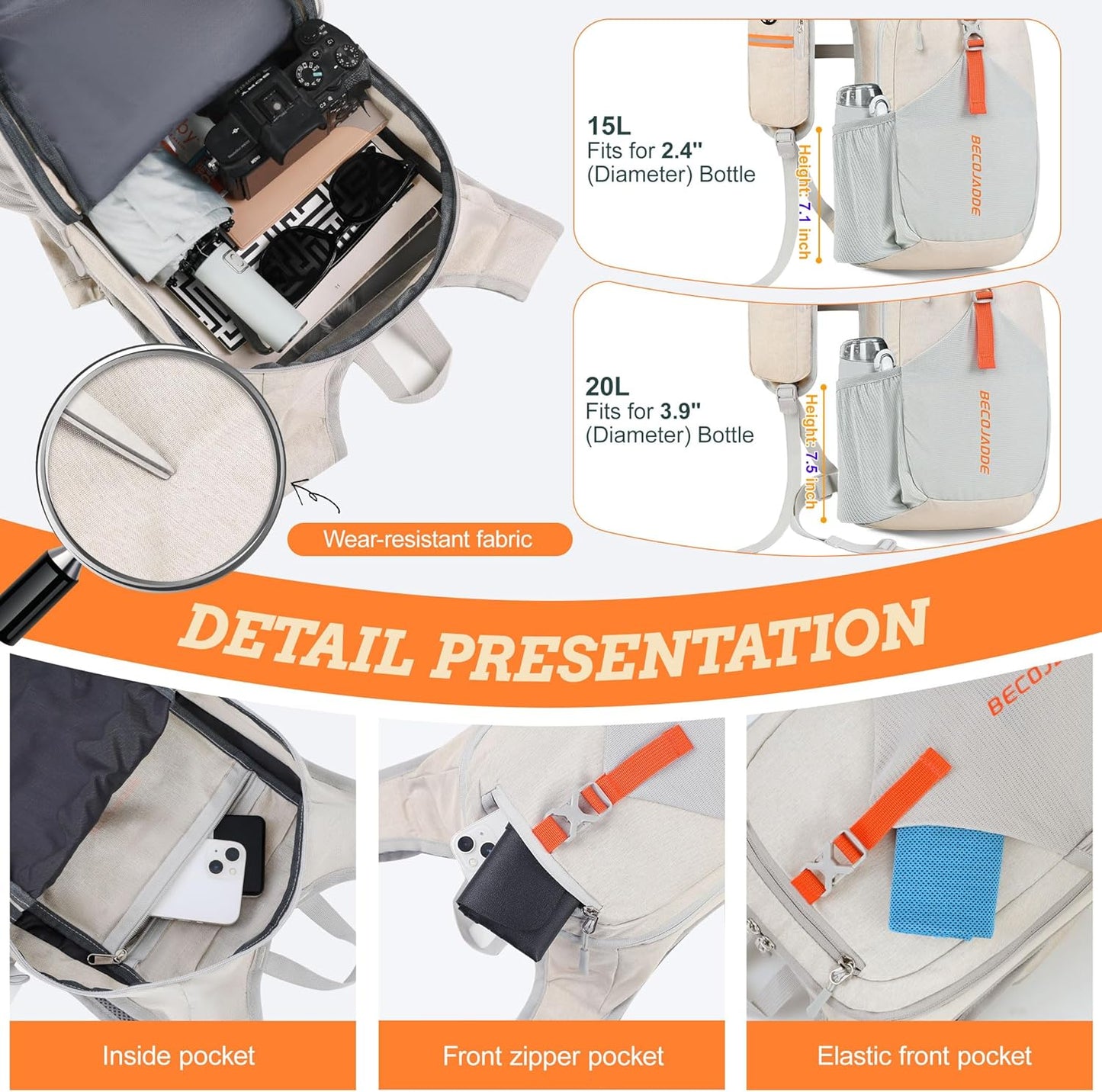 20L Small Hiking Backpack for Men Women Foldable Packable Back Pack Ultralight Hiking Daypack for Travel Camping Outdoor, Beige
