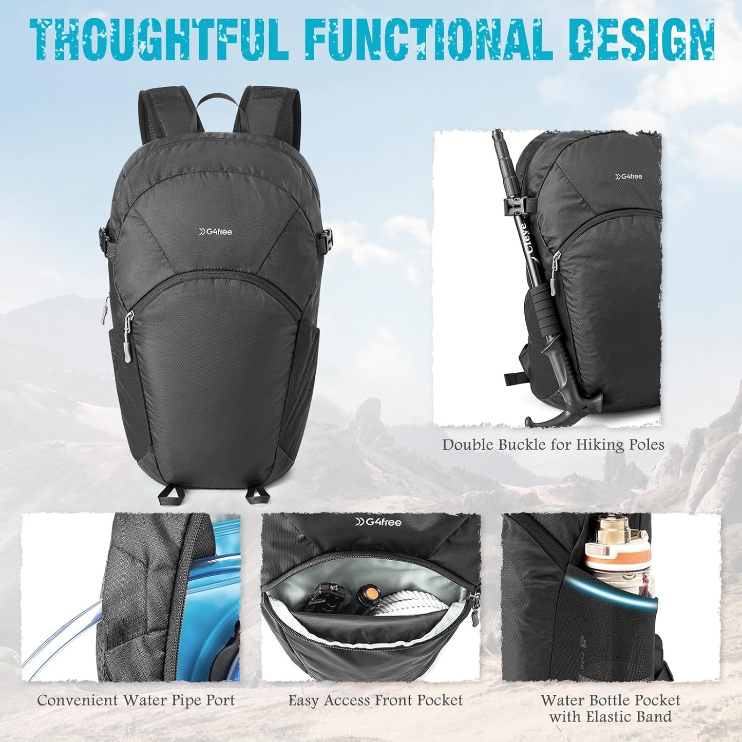 G4Free Hiking Backpack with Thickened Back Panel Packable 25L Lightweight Foldable Travel Daypack for Men Women(Black)