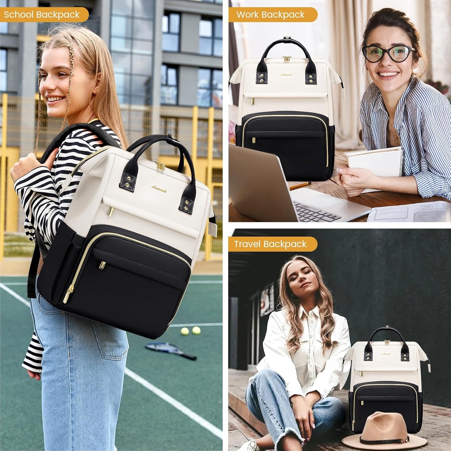 LOVEVOOK Leather Backpacks for Women,15.6 inch Leather Laptop Backpack Women,Professional Work Backpack Nurse College Teacher Bag,Womens Laptop Bag Computer Travel Backpacks Purse,Beige White-Black