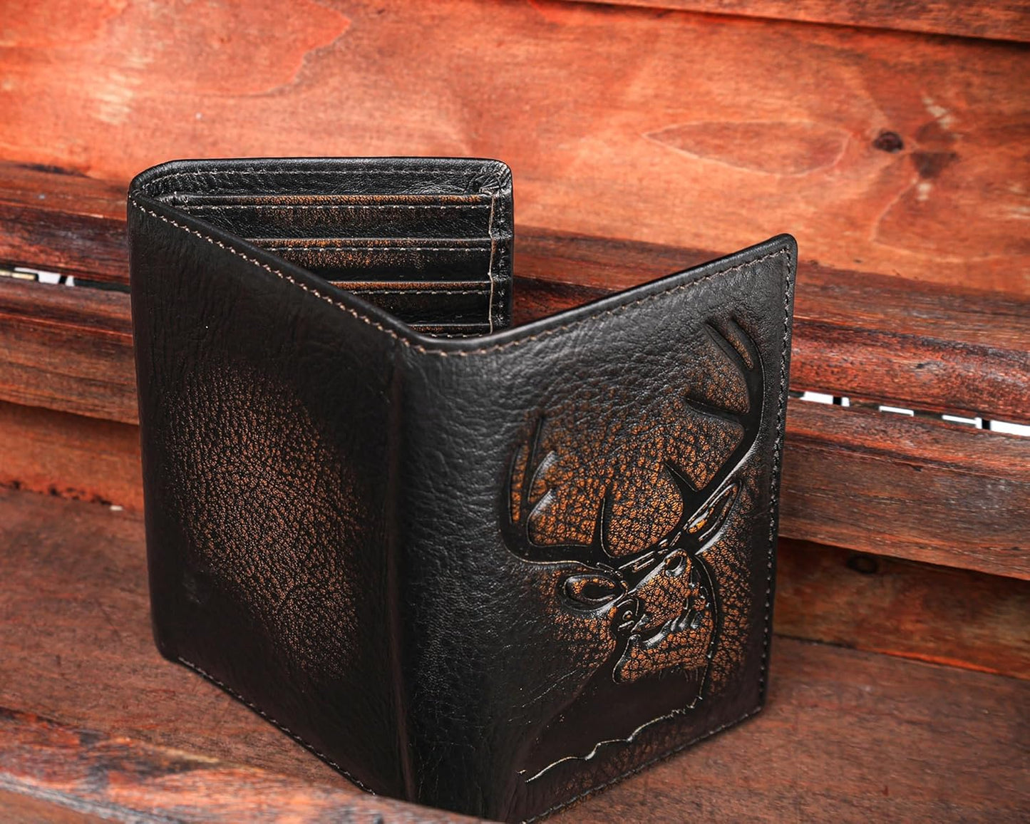 DK86 Deer Trifold Wallets for Men Full Grain Leather with Hand Burnished Tri-Fold Wallet RFID Blocking (Black and Brown)
